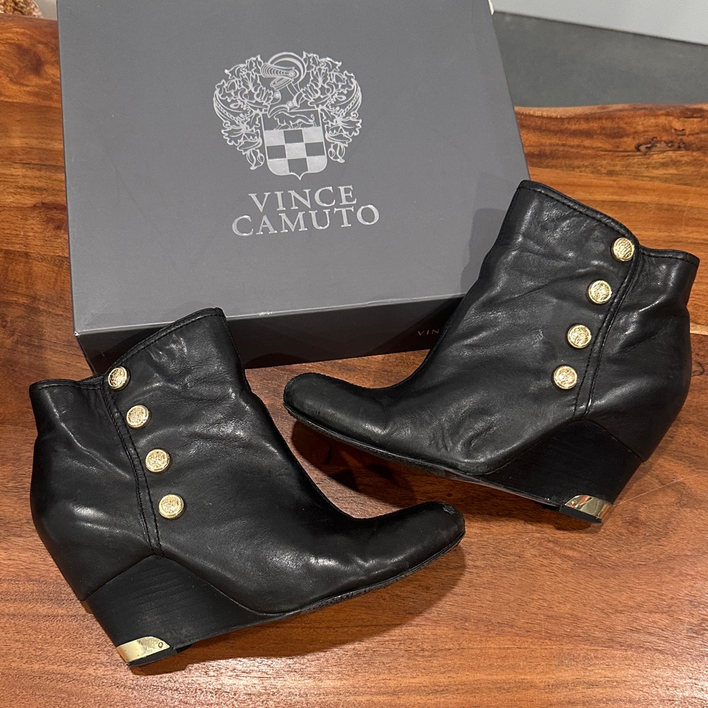 Vince Camuto Black Ankle Booties With Gold Buttons